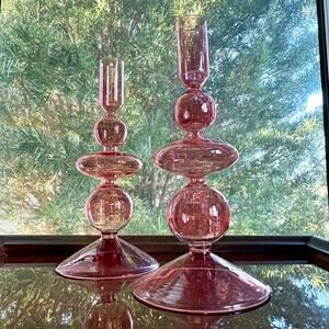 Pair Vintage Pink Glass Candlesticks, Stacked Orb Hourglass Mid Century Holders